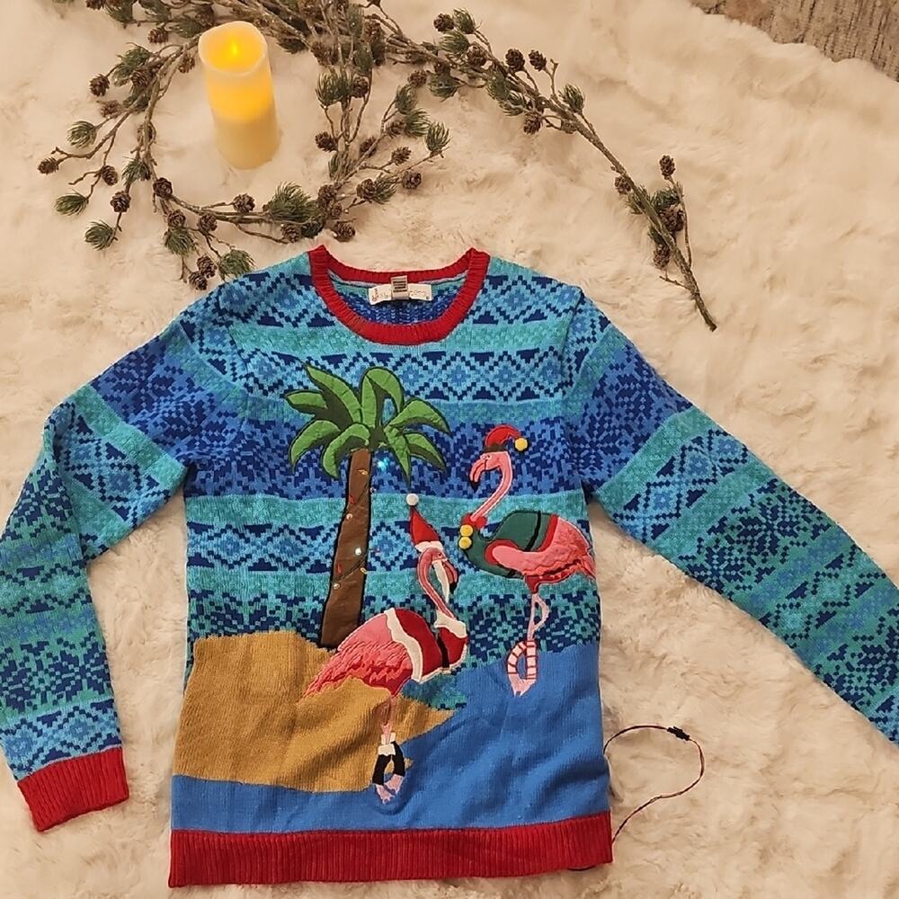Jolly Sweaters Fair Isle Flamingo Christmas Funny Sweater M L Knit Embroidered
